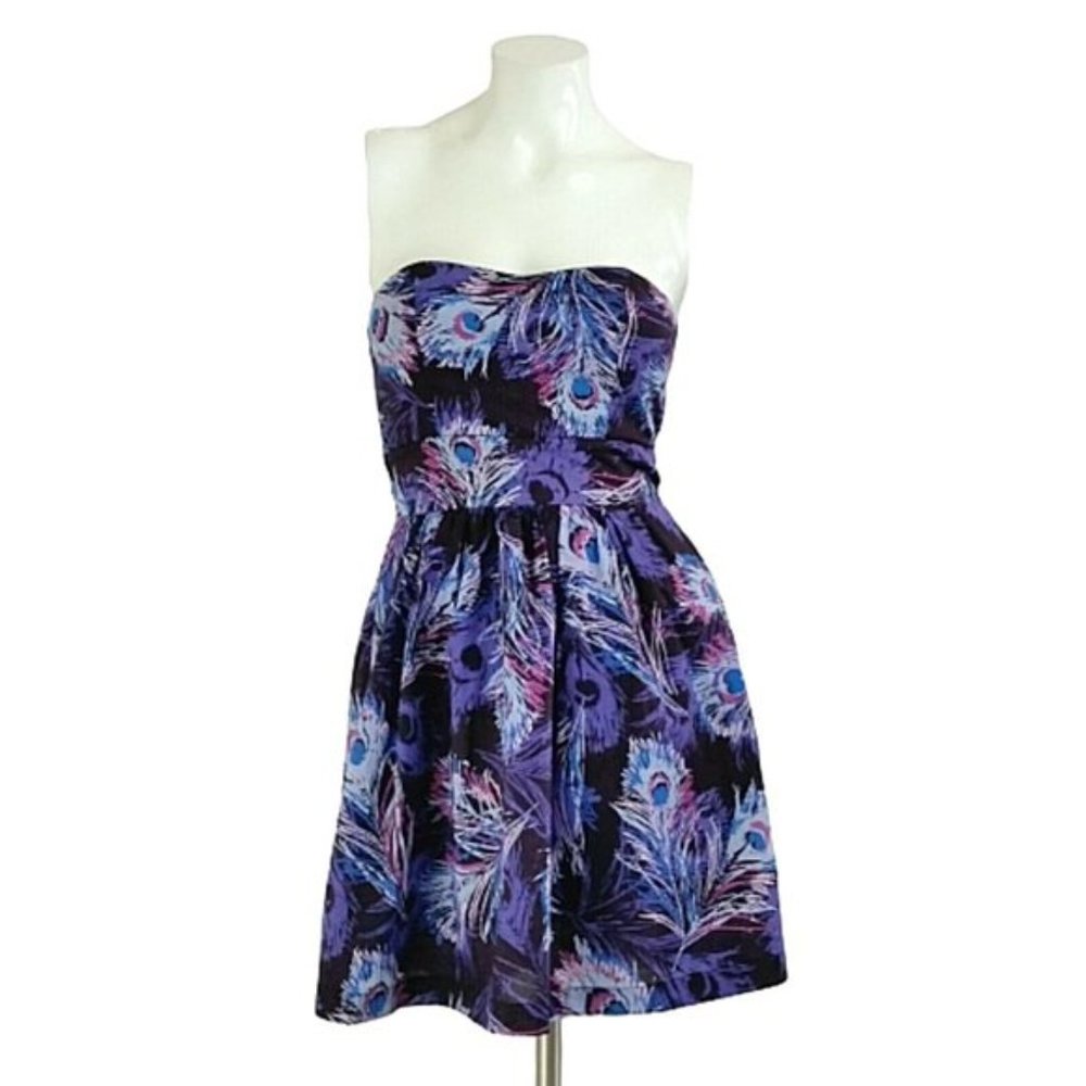 F21 Peacock Feather Strapless Cotton Skater Dress